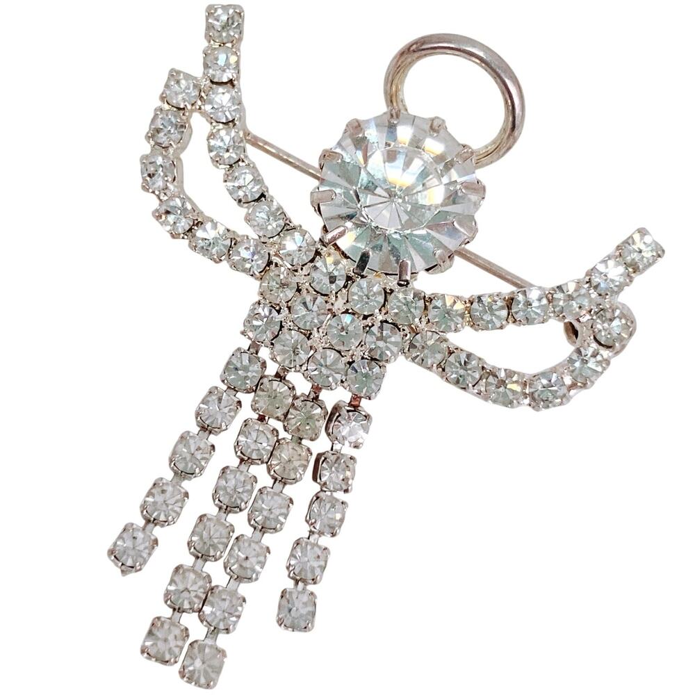 Vintage Clear Rhinestone Angel Brooch Prong Set Dangle Glam Religious Jewelry